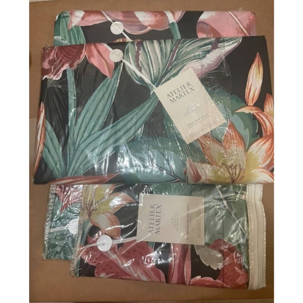 new Vtg Atelier Martex Antigua Flat Fitted Sheets 2 pillow cases tropical floral